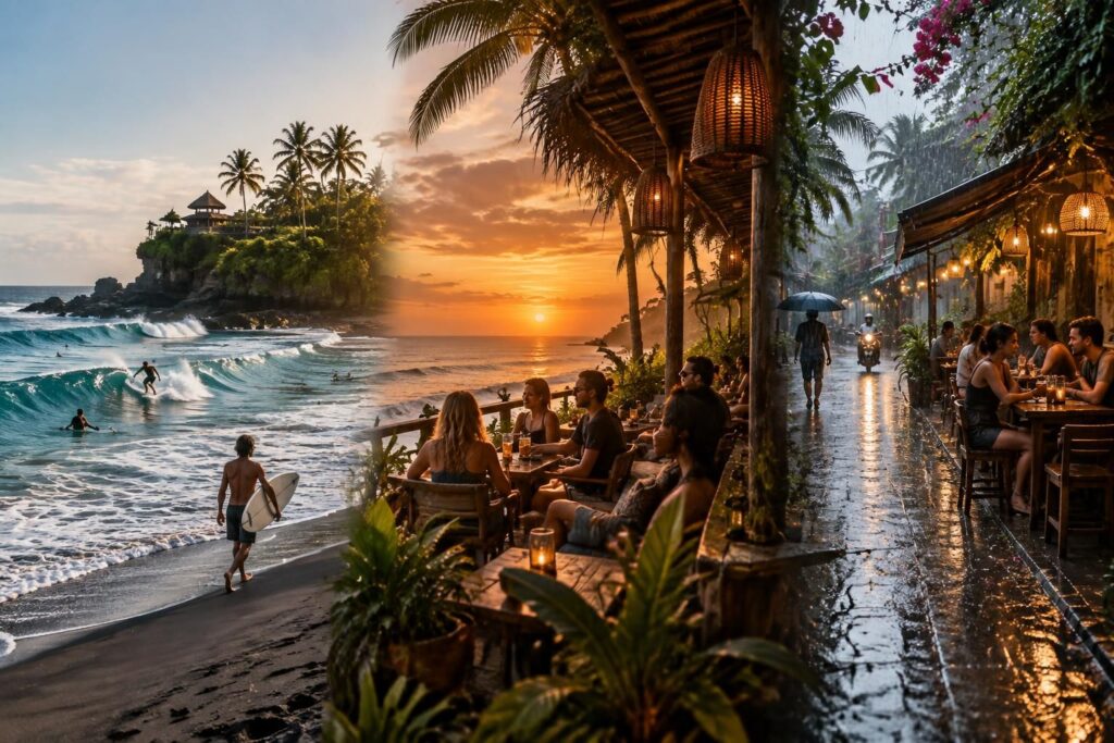 découvrez que faire à canggu, bali : plages, cafés et activités en journée, sorties le soir et idées pour profiter de la ville quand il pleut.