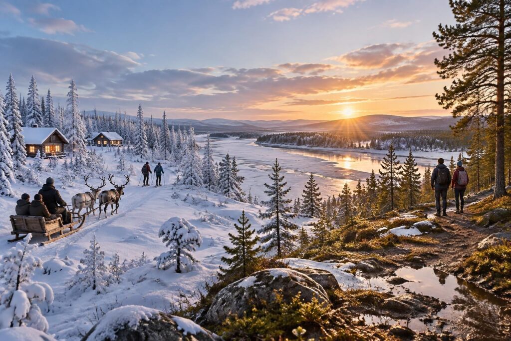découvrez que faire à rovaniemi en hiver et au printemps : aurores boréales, activités dans la neige, village du père noël, nature et premières randonnées.
