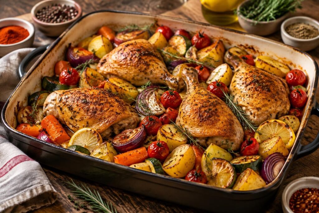 découvrez 6 idées de cuisses de poulet au four avec pommes de terre, légumes et épices pour des repas savoureux, faciles et parfumés.