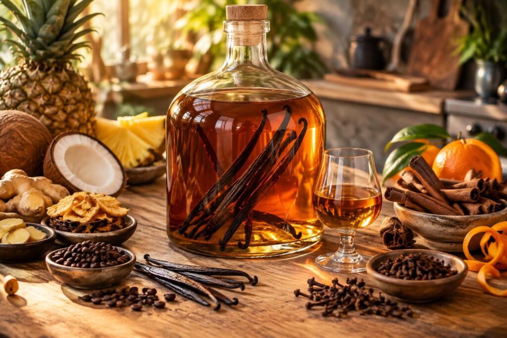 découvrez une recette de rhum à la vanille facile à préparer, avec des variantes gourmandes à la cannelle, au café, à l’ananas et bien d’autres.